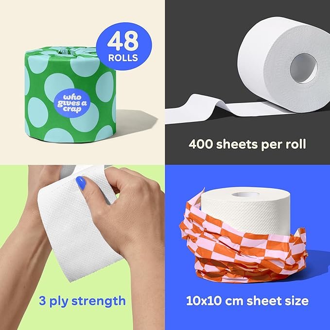 Who Gives A Crap 100% Recycled 3 Ply Double Length Toilet Paper Rolls, 400 Sheets, Pack of 48 - Image 5