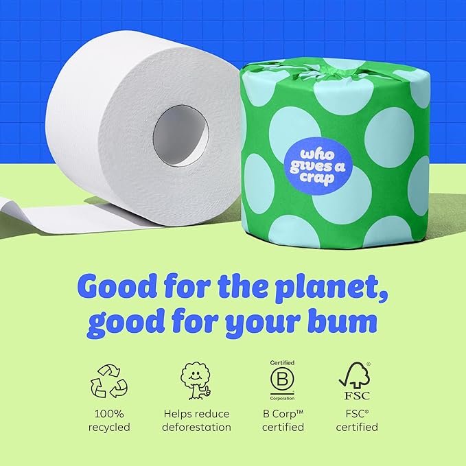 Who Gives A Crap 100% Recycled 3 Ply Double Length Toilet Paper Rolls, 400 Sheets, Pack of 48 - Image 2