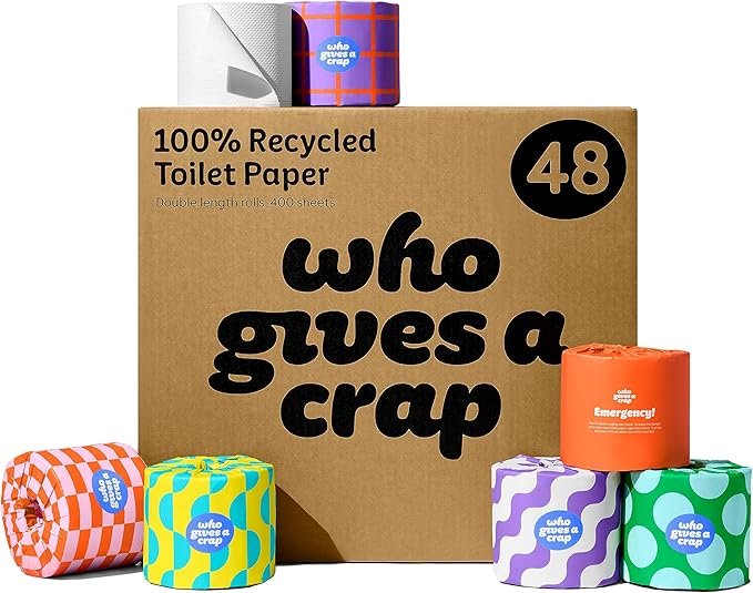 Who Gives A Crap 100% Recycled 3 Ply Double Length Toilet Paper Rolls, 400 Sheets, Pack of 48